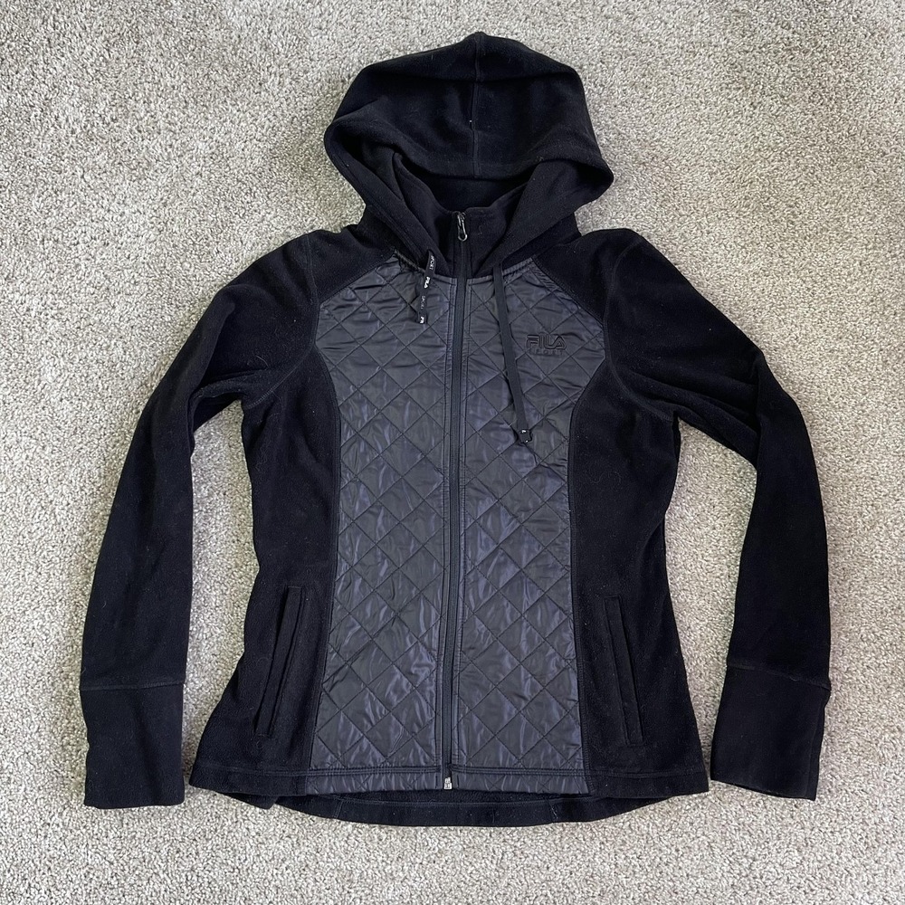 Fila Sport Jacket Womens Medium Black Hooded Fleece Quilted Full Zip Pockets